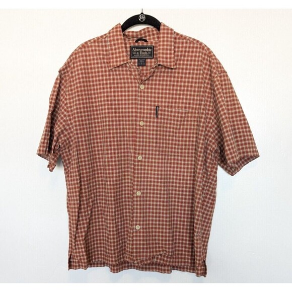 Abercrombie‎ and Fitch Mens Orange Plaid Button Up Top Large - Picture 1 of 10
